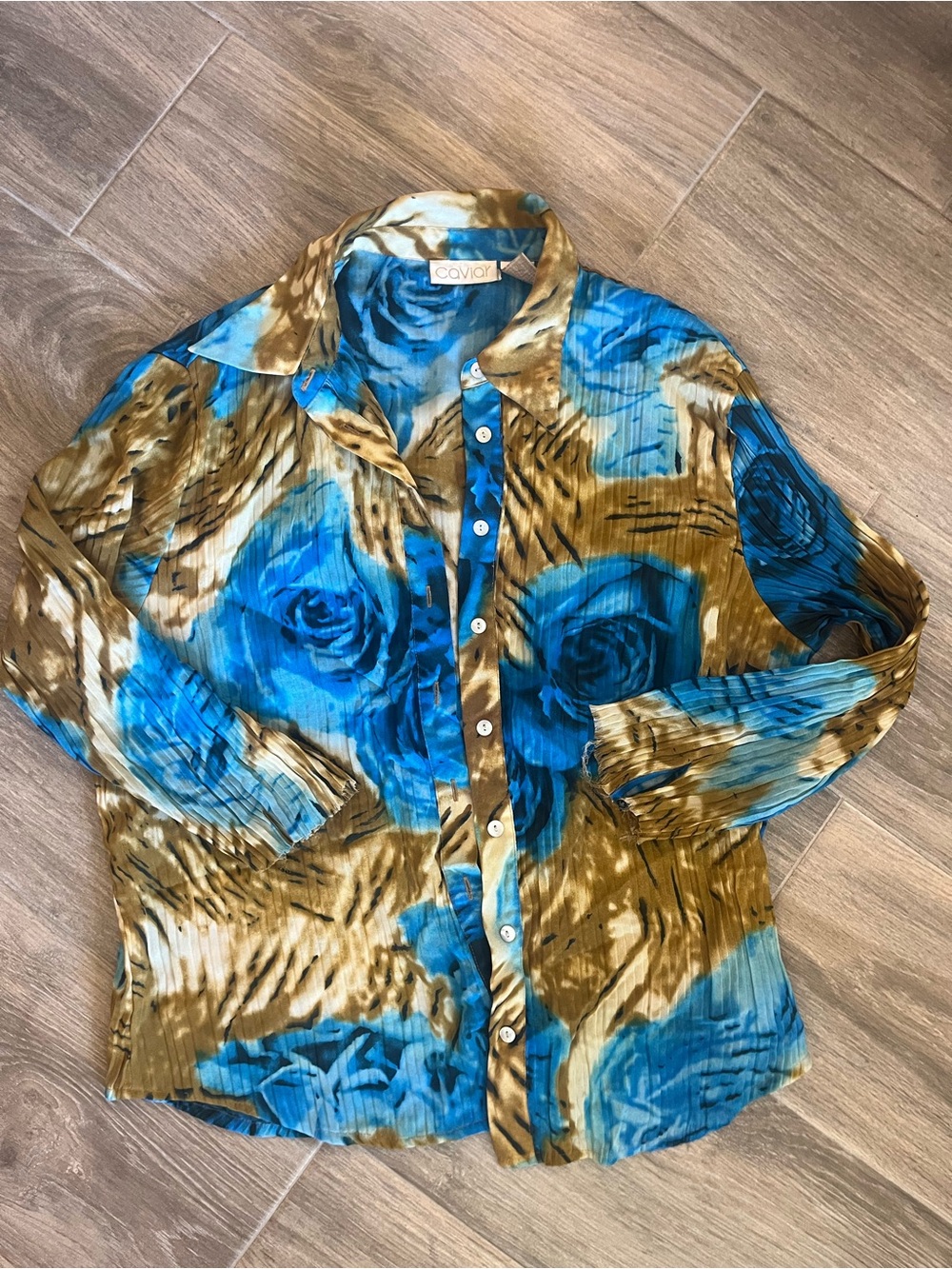 Caviar Women's Blue and Brown Floral Button-Down Shirt